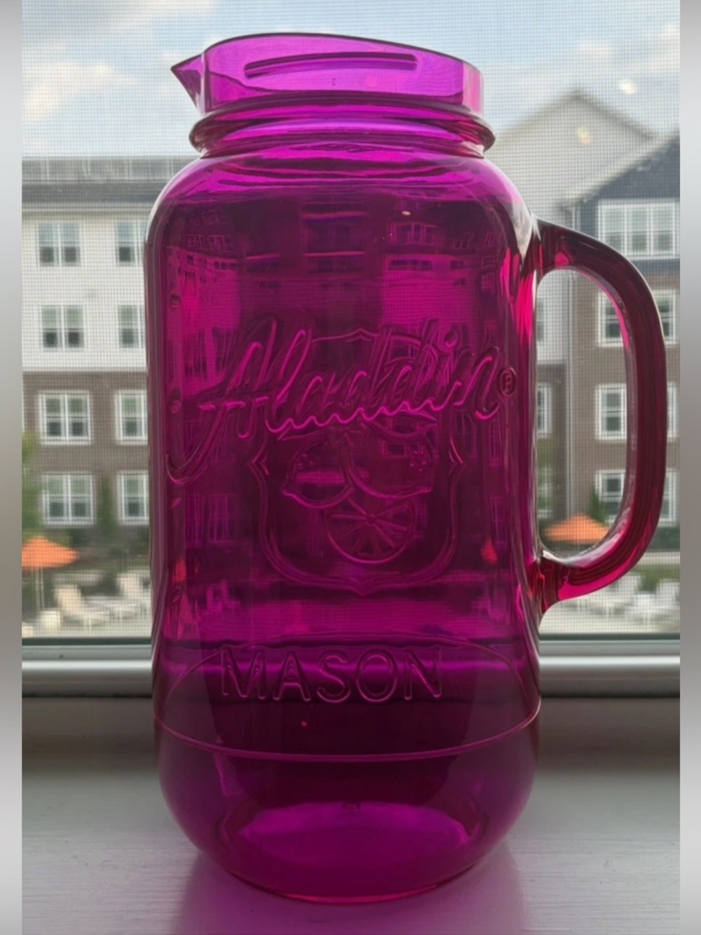 Aladdin Mason Jar Plastic Pitcher with Handle and Spout 80 Ounces Pink